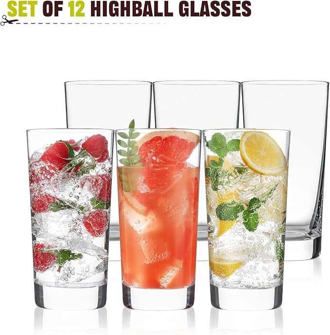 Highball Glasses Set of 12, 13oz Tall Drinking Glasses, Water Glass for Kitchen, Tom Collins Glasses, Mojito Glass Cups, Cocktail Glasses for Bar Glassware