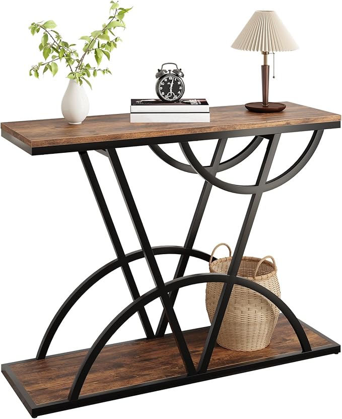 43" Console Table, Industrial Entryway Table with Storage Shelf, Narrow Wood Sofa Table with Metal Frame for Living Room, Hallway, Foyer, Entrance