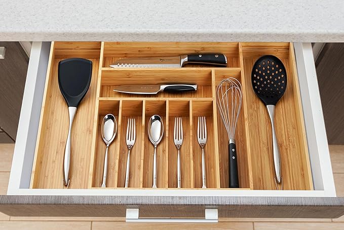 Umilife Extra Large Expandable Kitchen Siverware Utensils Drawer Organizer, 19" Deep for Big Drawer, Adjustable Bamboo Wood Drawer Divider with Curved Grooves, Cutlery Tray Flatware Holder