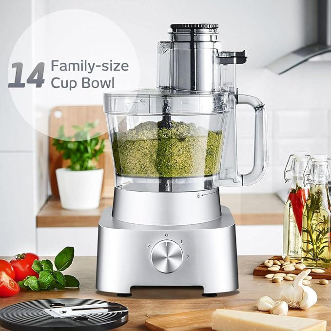 Magiccos 14-Cup Aluminum-Diecast Food-Processor - XL Bowl, Large Chute, 800W Motor & Silver Die-Cast Base, Slicing & Shredding, Chopping & Mixing, For Fries, Cheese, Meat & Veggie Prep, For Home Use
