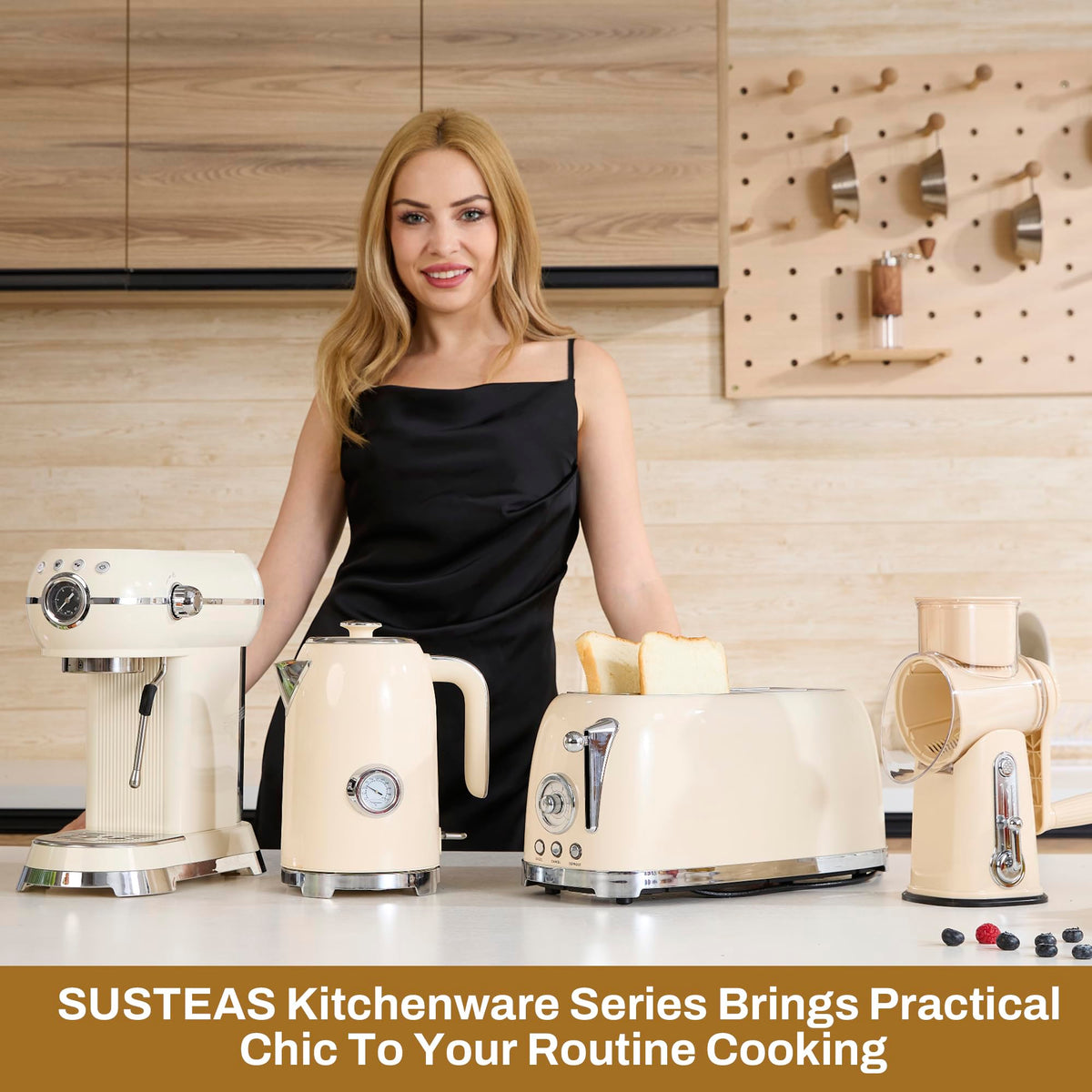 SUSTEAS Toaster 4 Slice Wide Slot, Stainless Steel Bread Bagel Toasters, Retro Long Slot Tostadora for Defrost, Reheat, Removable Crumb Tray, 1500W, 6 Browning Settings, Beige