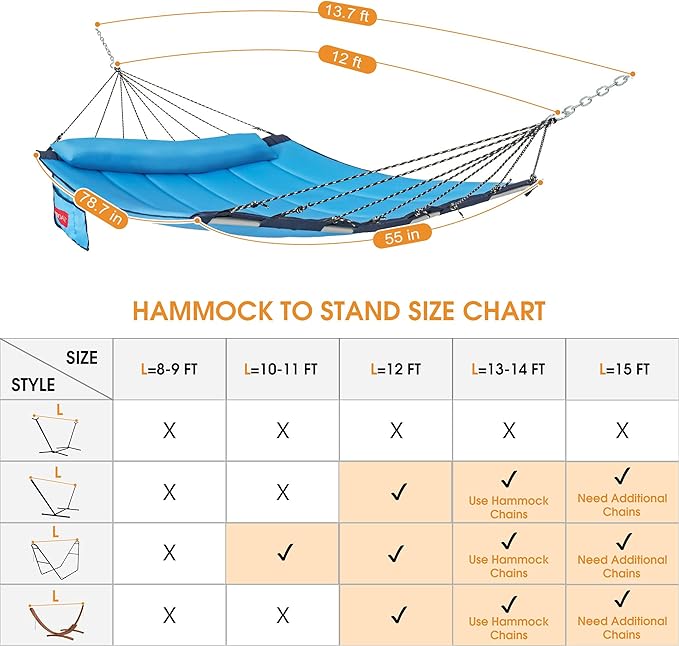 Lazy Daze Hammocks 12 FT Quilted Fabric Hammock with Curved Aluminium Spreader Bar, Outside Double Hammock with Soft Pillow, Side Pocket 450 Lbs Capacity for Patio, Poolside, Lake Blue