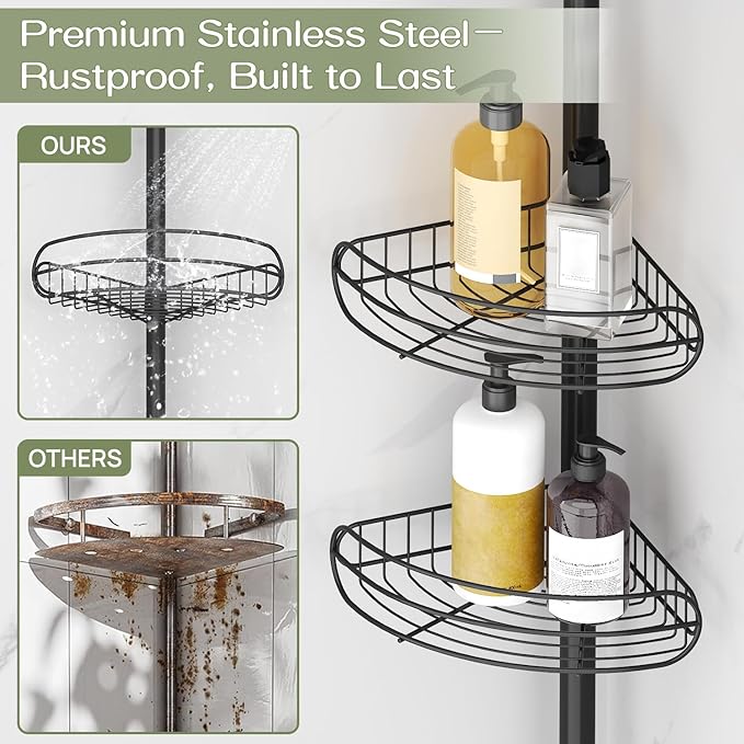 ALLZONE Corner Shower Caddy Tension Pole, 4-Tier Adjustable Shelves, Rustproof Bathroom Shower Organizer Corner for Inside Shower Storage, Tension Mounted, 39 to 115 Inch Height, Black