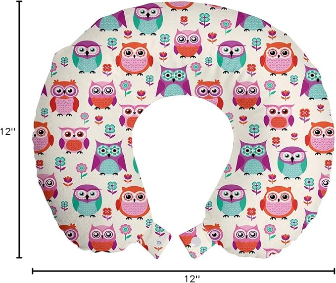 Ambesonne Owls Travel Pillow Neck Rest, Owls Happy Childhood Hipster Modern Repeated Animals Pattern Illustration, Memory Foam Traveling Accessory for Airplane and Car, 12", Fuchsia Seafoam