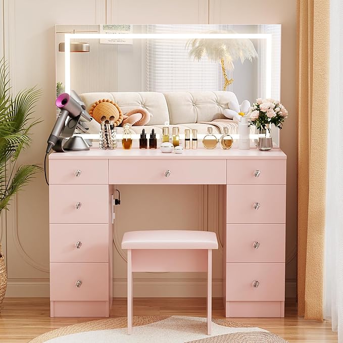 VOWNER Vanity with Lighted Mirror - Makeup Vanity Desk with Power Outlet and 9 Drawers, 3 Color Lighting Modes Adjustable Brightness, 43" Vanity Table with Soft Cushioned Stool for Bedroom, Pink