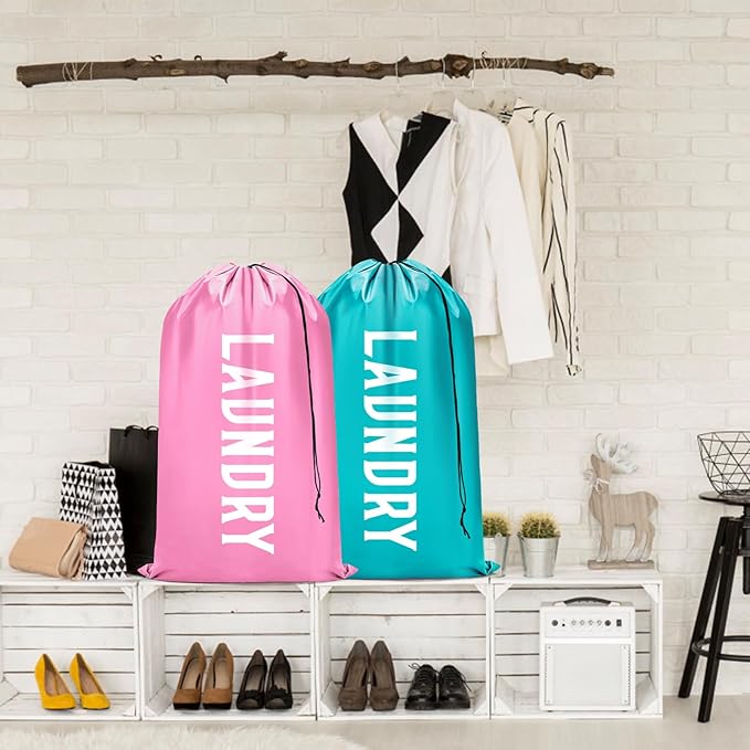 Fiodrimy 2 Pack XL Travel Laundry Bag, Machine Washable Dirty Clothes Organizer, Large Enough to Hold 4 Loads of Laundry, Easy Fit a Laundry Basket (Pink+Blue, 24" x 36")