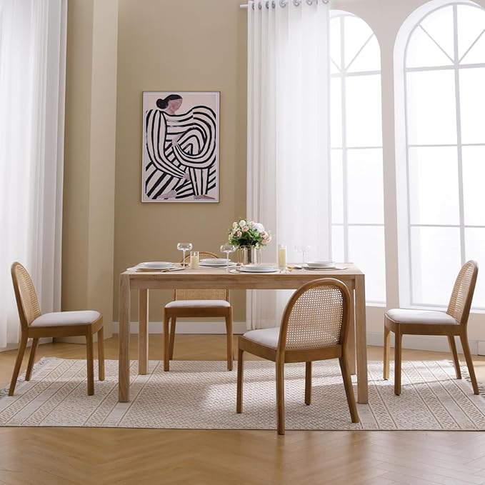 Mid Century Dining Chairs Set of 6, Accent Rattan Linen Fabric Side Chairs Kitchen Chair with Solid Wooden Legs for Living Room Dining Room, Beige