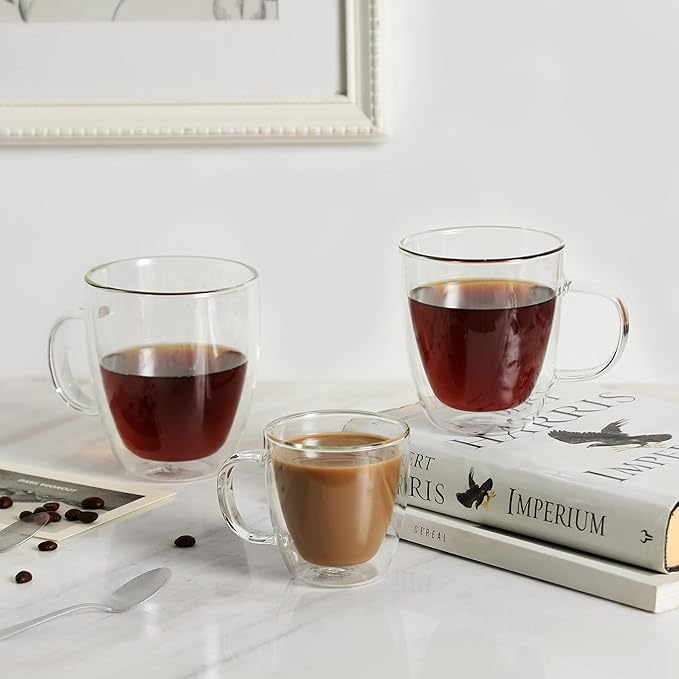 CNGLASS Large Glass Coffee Mugs 12oz,Double Walled Insulated Cappuccino Mug with Handle,Set of 4
