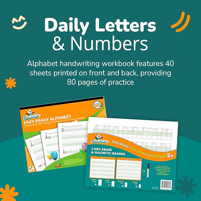 Channie’s Easy Peasy Alphabet Handwriting Workbook + 2 Easy Peasy Dry-Erase Neat Numbers & Letters Tracing Magnetic Boards for Pre-K - 1st Grade, Homeschool Learning & Summer School Teaching Supplies