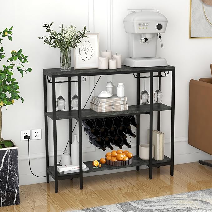 COSTWAY Wine Bar Cabinet, 3-Tier Home Mini Bar for Liquor w/Power Outlets, Glass Holder, Wine Rack, Anti-Tipping Kit, Metal Coffee Bar Table for Home Apartment Kitchen Living Room Pub (Black & Grey)