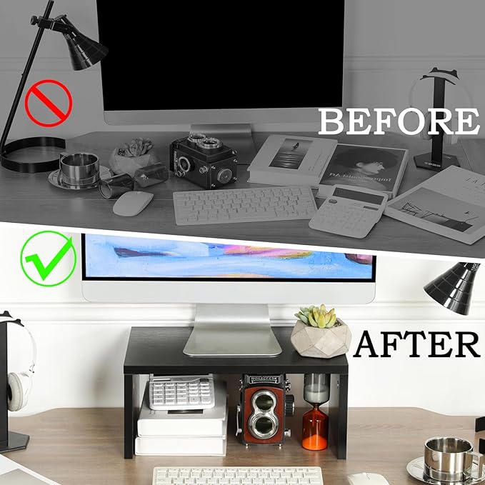 TEAMIX 14.2 inch Monitor Stand Riser, Wood Monitor Riser with Storage for Desk Small Monitor Stand TV/Screen/PC/Laptop Riser Computer Stand Desktop Shelf (Black-Higher)