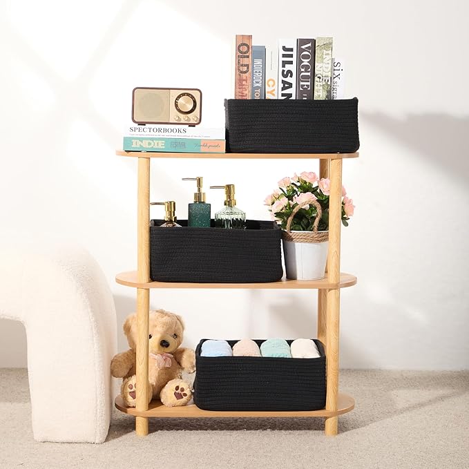 Small Storage Baskets for Organizing | Closet Organizer Bins | Shelf Toy Basket | Woven Rope Baskets | Cube Decorative Box | Shallow Basket | 13x8.5x5.1” | 3 Packs Black