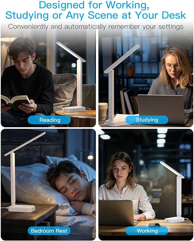 One Beat Desk Lamp with 6 Outlets 4 USB Ports(2×USB-C),Eye Protection Table Lamp Power Strip with 4 Color Modes 5 Brightness Touch LED Desk Lamps for Home Office College Dorm Room Essentials(White