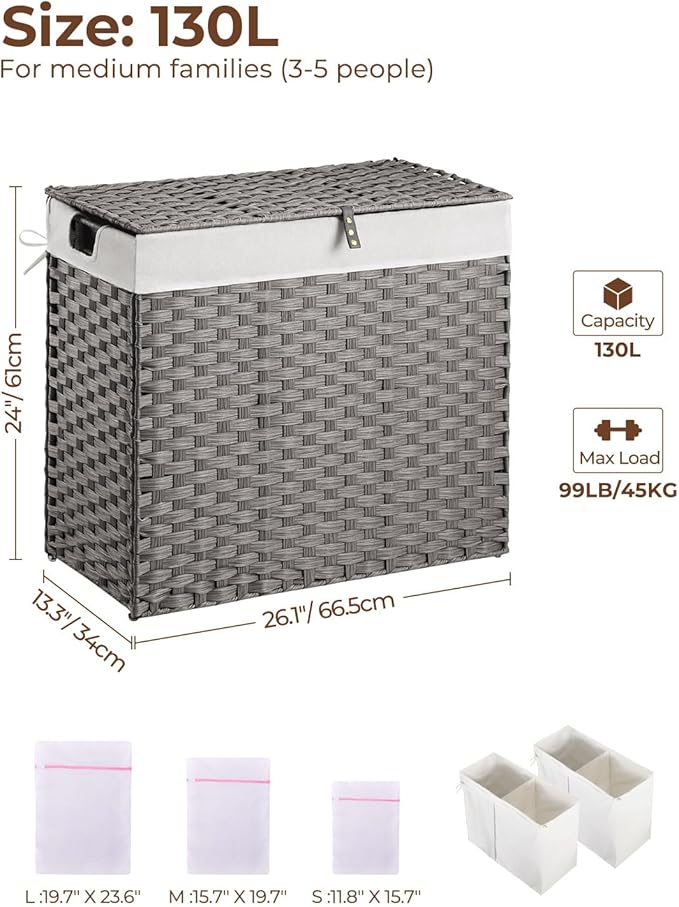 Greenstell Laundry Hamper with lid, No Install Needed, 130L Wicker Laundry Baskets Foldable 2 Removable Liner Bags, 2 Section Clothes Hamper Handwoven Rattan Laundry Basket with Handles, Gray