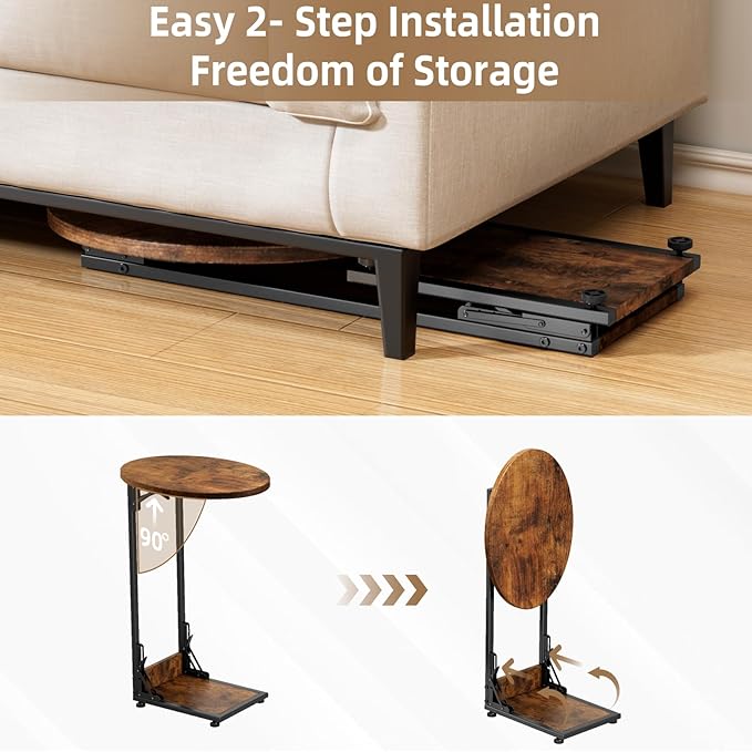 Elbourn Folding Side Table End Couch Tables,Metal Frame C-Shaped TV Stand for Sofa Living Bedroom Bedside Coffee Small Spaces(Vintage Wood Color)