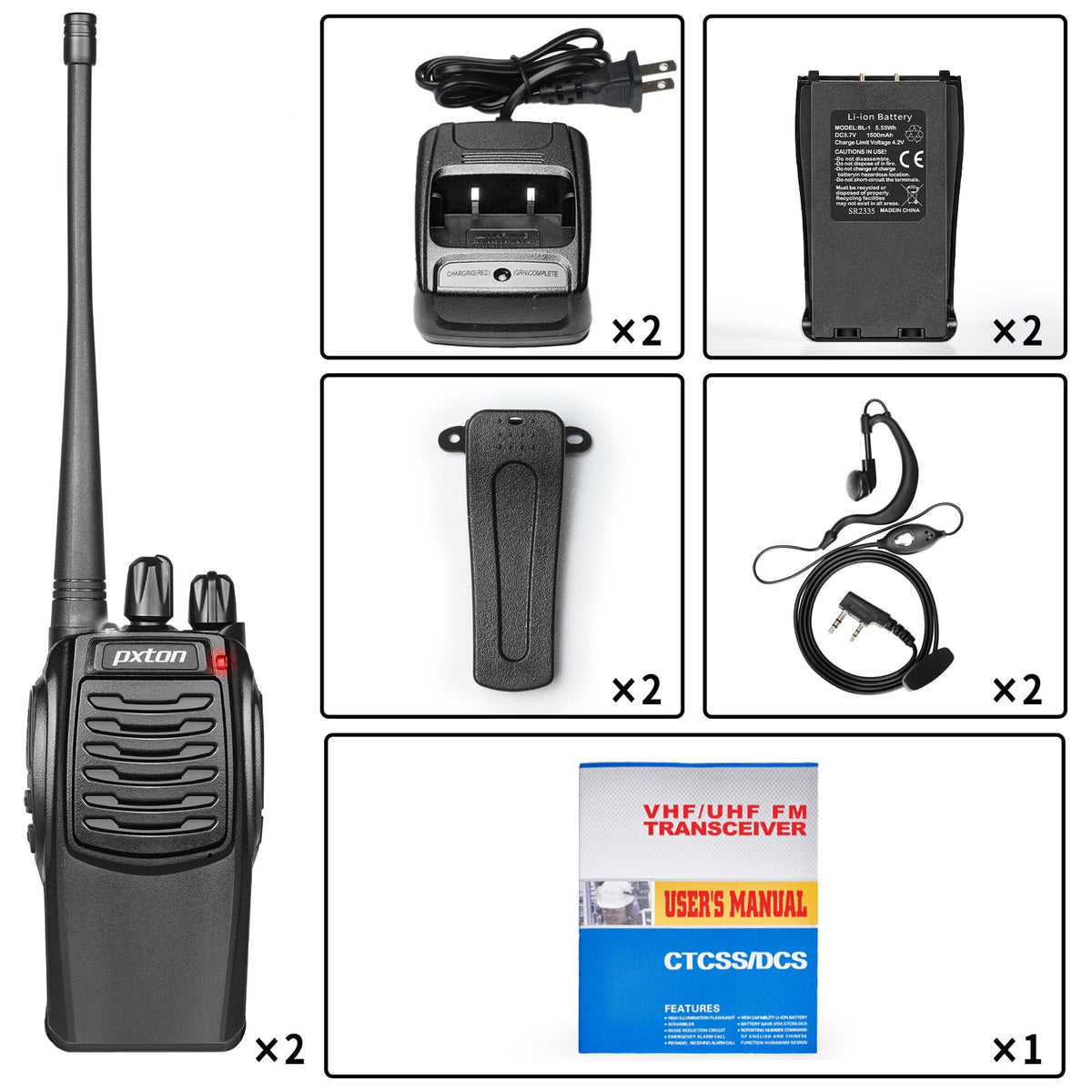 pxton S1 walkie talkies for Adults with earpieces and Rechargeable 1500mAh Li-ion Battery,walkie Talkie has VOX,TOT,Emergency Alarm,Battery Low Alert,Flashlight,Scan Function(2 Pack)