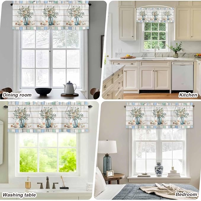 Kitchen Valances for Window, Ocean Starfish Conch Shell Eucalyptus Light