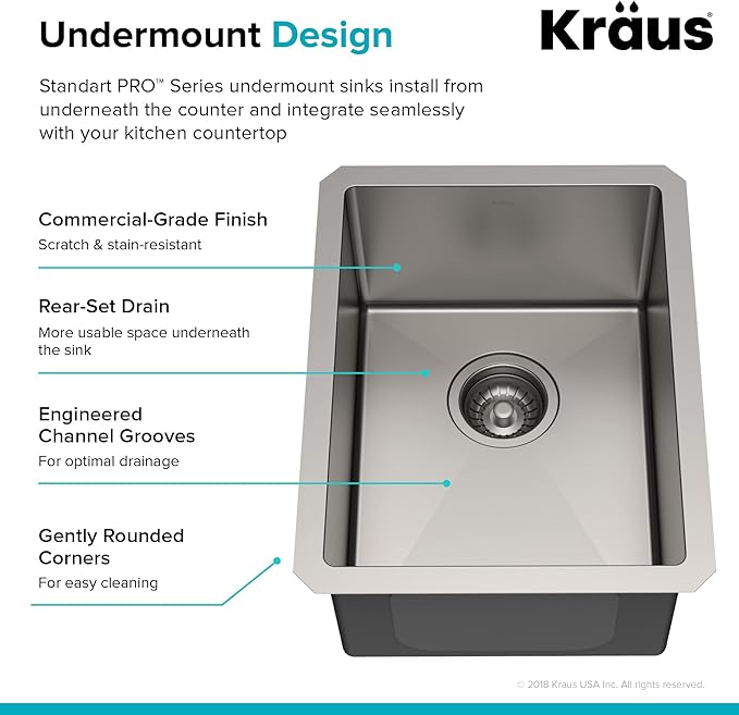 KRAUS Standart Pro 14 -inch Undermount Single Bowl 16 Gauge Stainless Steel Bar Kitchen Sink, KHU101-14