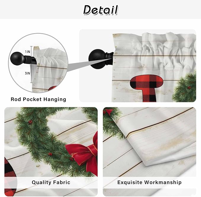 Christmas Wreaths Kitchen Curtains 54 Inch Long 2 Panel Set, Rod Pocket Window