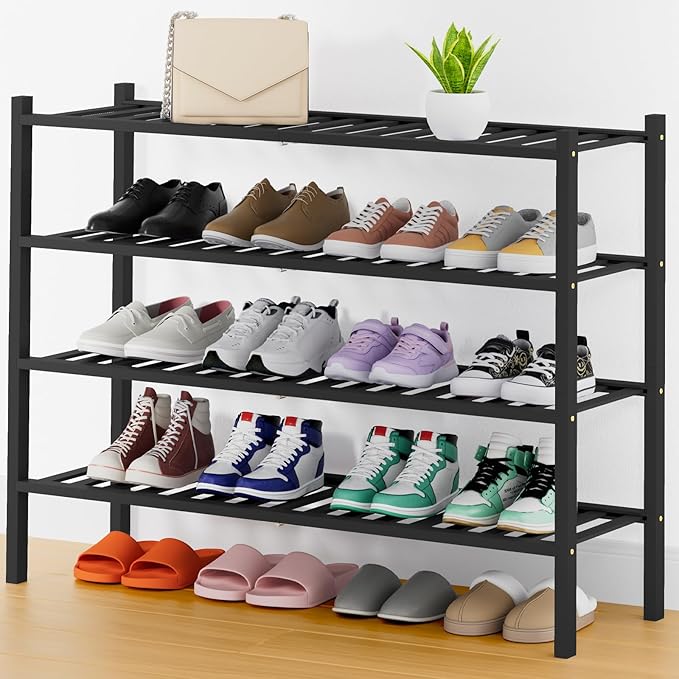 Smiry Shoe Rack, 4 Tier Thick Long Bamboo Shoe Organizer, Stackable Free Standing Wooden Shoe Storage Shelf for Closet, Entryway, Front Door Entrance, Black