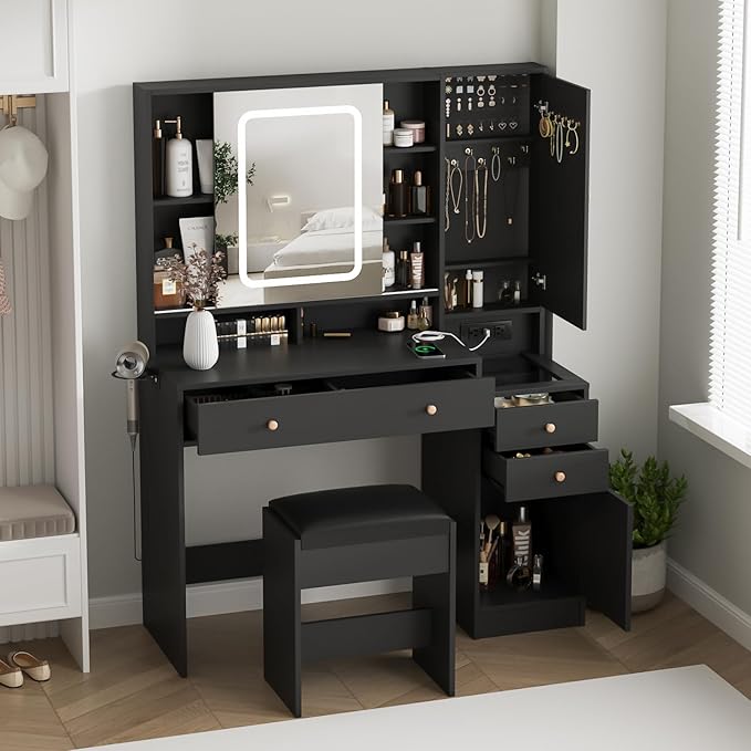 Vabches Vanity Desk with Mirror and Lights, Vanity Table Makeup Vanity with Lights 3 Drawers and Cabinets, Charging Station & Sliding Door, Lots Storage Shelves