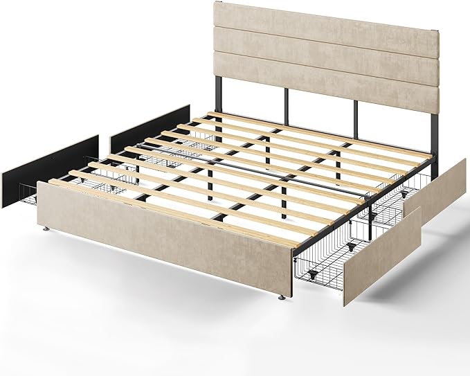 WLIVE King Size Upholstered Bed Frame with 4 Drawers and Velvet Square Tufted Headboard, Sturdy Metal & Wooden Slats Support, No Box Spring Needed, Easy Assembly, Beige