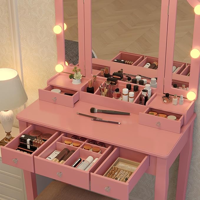Pink Makeup Vanity Desk with Mirror Lights, Vanity Desk with Lights and Mirror, Makeup Vanity with Drawers and Kids Vanity