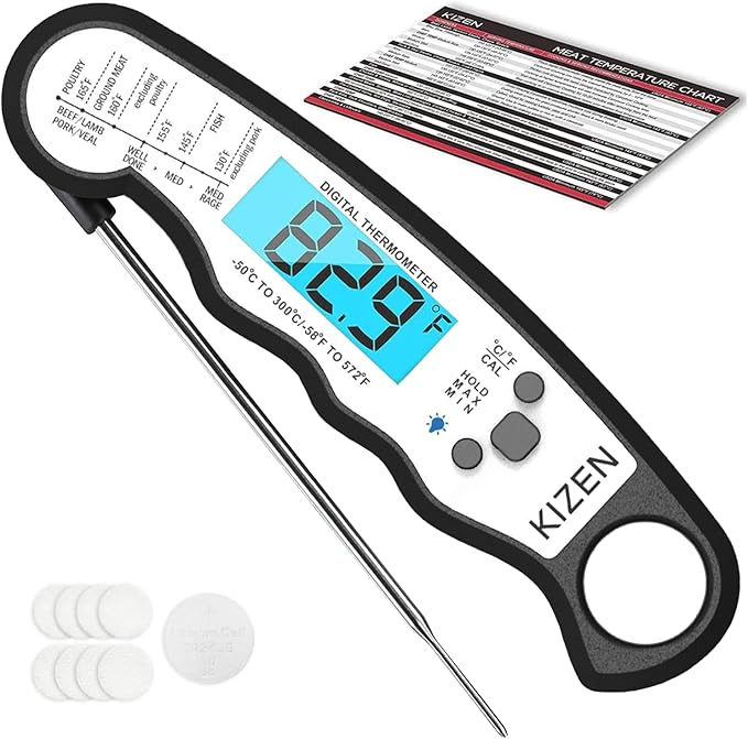 KIZEN Instant Read Meat Thermometer Digital - Food Thermometer for Cooking, Grill, Oven, BBQ - IP67 Rated Waterproof - Large Backlit Display and Magnetic Back