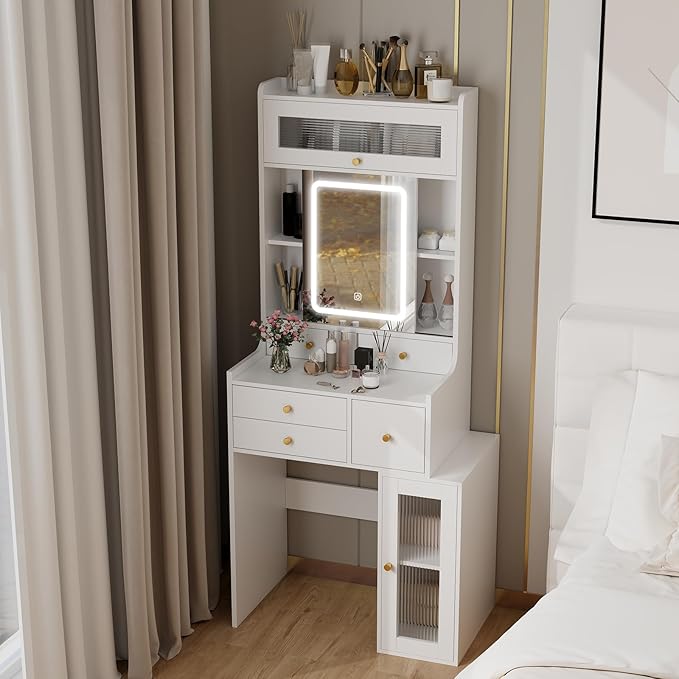 ARTETHYS Small Vanity Desk with Sliding Mirror and Lights White Makeup Vanities Set with Drawers Compact Dressing Table with Cabinet and Adjustable Shelves for Bedroom