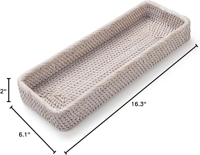 Rattan Bathroom Vanity Trays Toilet Tank Baskets Long Narrow Hand Towel Storage Basket for Storage, Decorative (Whitewash 16.3 x 6.1 x 2 inch)