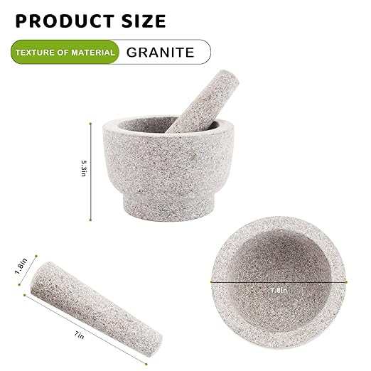 Comie Mortar and Pestle Set,Heavy Duty,Unpolished Granite,8Inch-5Cup Capacity,Grinder for Spices and Seeds,Grinding,Crushing and Mashing Spices,Nuts,for Guacamole,Garlic Sauce,Gray.