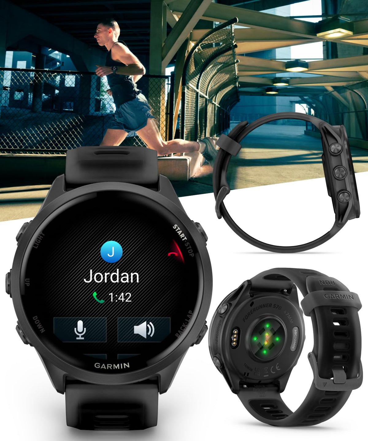 Garmin Forerunner 570 47mm Advanced GPS Running & Triathlon Smartwatch, AMOLED Display, Training & Recovery, Slate Gray Aluminum, Translucent Black & Black Band w/ Wearable4U BLK Earbuds Bundle