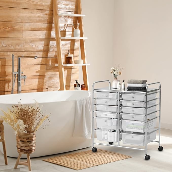 COSTWAY 12-Drawer Rolling Storage Cart, Moveable Art Craft Organizer W/Lockable Wheels, Metal Shelf, Files Arrangement Tools Makeup Storage Cart for Office, Home, School (Clear)