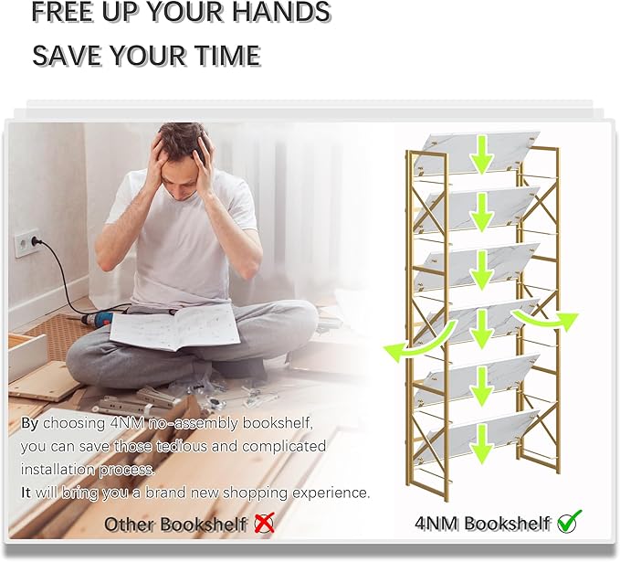 4NM 6 Tiers No Assembly Book Shelves, 61.8" H Folding Bookshelf Bookcase Open Industrial Foldable Shelves for Bedroom, Living Room, Home Office - White Gold