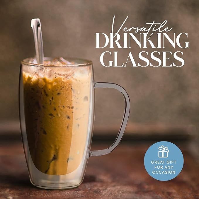 Kitchables Double Walled Glass Coffee Mugs Set of 2, 15oz - Insulated Glass Coffee Mugs for Cappuccino, Latte, Tea, Espresso - Latte Cup - Tazas Para Cafe