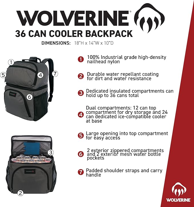 Wolverine 36 Can Cooler Backpack with Durable Nailhead Nylon, Dual Compartment Cooler & Dry Storage, Padded Mesh Back Panel, & Exterior Water Bottle Pockets