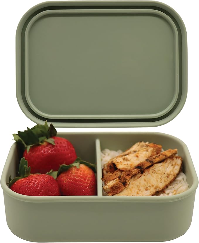 Silicone Bento Box, 3 Compartments, BPA-Free, Leak-Resistant, Dishwasher and Microwave Safe, Perfect for Work, Travel & Meal Prep, (Green)