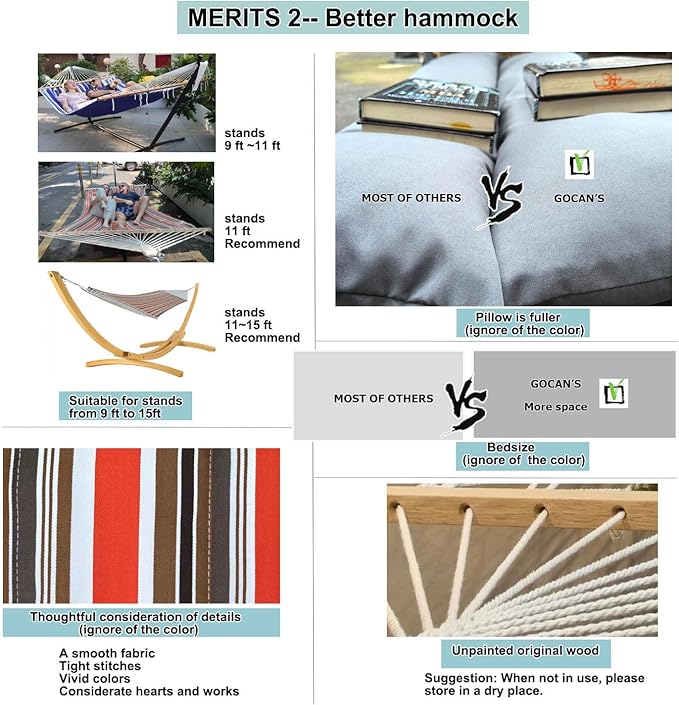 Double Hammock with Quilted Fabric and Spreader Bars,Longer and Sturdier,Quality Hammocks for Outdoor Indoor Patio Yard