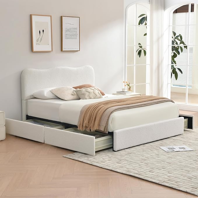 VELOCAVA Queen Size Upholstered Bed with 4 Storage Drawers, Modern Upholstered Bouclé Platform Frame with Curved Headboard, Sturdy Wood Slats, Rounded Corners, No Box Spring Needed, Cream White