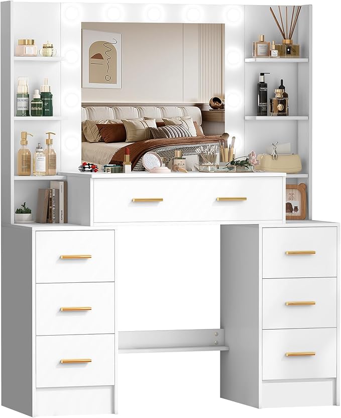 Vanity Desk with Mirror and Lights, Big Makeup Vanity Table Set with Drawers, White Vanity with Lighted Mirror for Bedroom, Dressing Table for Teen Girls and Adult Women, Gold