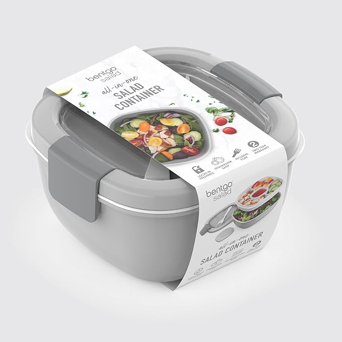 Bentgo Salad Container - 54 oz Bowl with 4-Compartment Toppings Tray, Leak-Proof Dressing Container, Reusable Fork, BPA-Free Lunch Box for Meal Prep & Food Storage; Removable Bento Tray (Gray)
