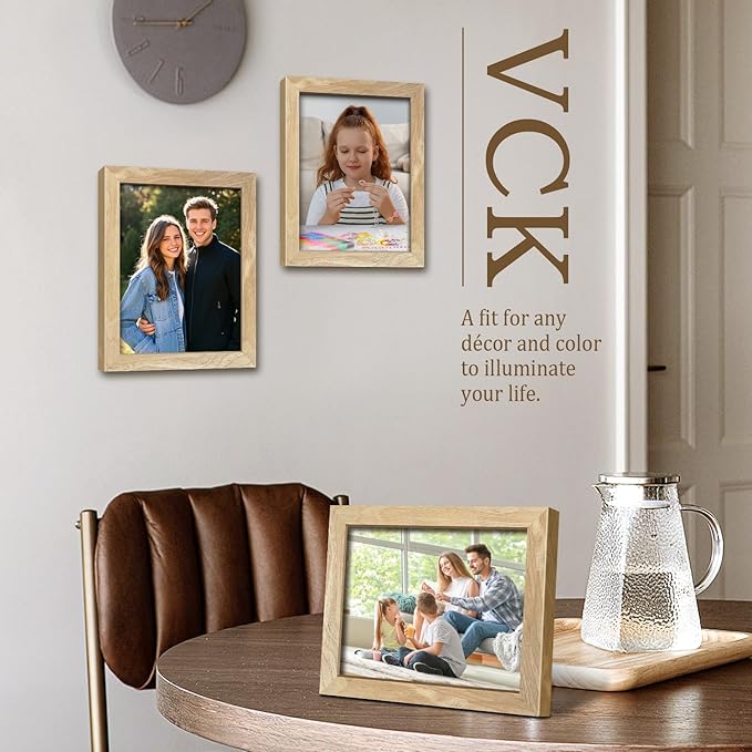 VCK 8.5x11 Natural Picture Frames 3 Pack, High-End Wood Wide Border Poster Frame,Tabletop & Wall Hanging, Multi-Directional Display Family Photos, Office Prints, Studio/Gallery/Home Artwork