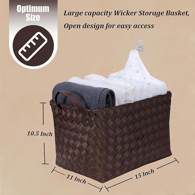 Handwoven Clothes Basket Laundry Hampers Large Wicker Storage Baskets for Shelves Blankets Closet Storage Bins Car Bedroom Bathroom Organizers and Storage Bath (Pack of 4, Espresso color)