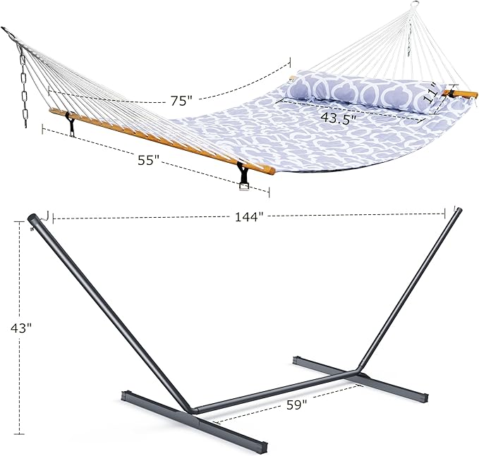 Double Hammock with Stand for Outdoor, Heavy Duty Portable Hammock with Adjustable Steel Stand for Patio, Garden, Beach, Backyard - Includes Carrying Bag,Round Gray
