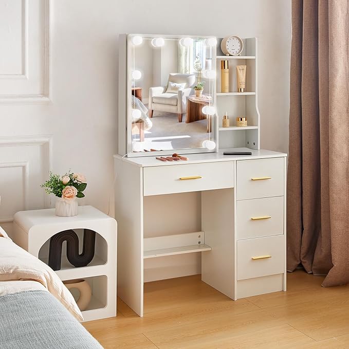 JBLCC Vanity Desk with Mirror and Lights, White Makeup Vanity with 3-Color Lighted Sliding Mirror, 4 Drawers & Open Shelves, Small Vanity Table for Bedroom, Girls & Women