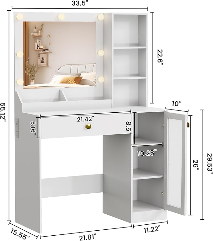Makeup Vanity with Mirror and Lights, 34'' Wide Dressing Table with Charging Station & RGB Glass Cabinet, Small Vanity Desk with 3 Color Lighting Modes & Adjustable Brightness, White