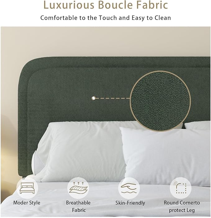 BarnFurin Queen Bed Frame with Headboard, Boucle Upholstered Platform Bed with Wood Slats, Soft Rounded Corners, No Box Spring Required, Easy Assembly, Green