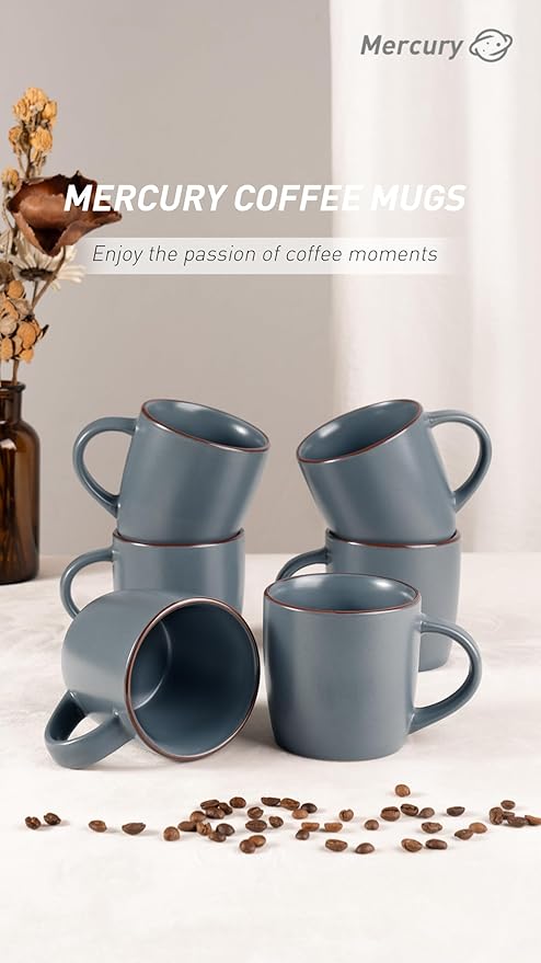 famiware Mercury Coffee Mugs 13 oz, Coffee Mugs Set of 6 with Handle, Cups for Latte, Hot Tea, Cappuccino, Mocha, Cocoa, Charcoal