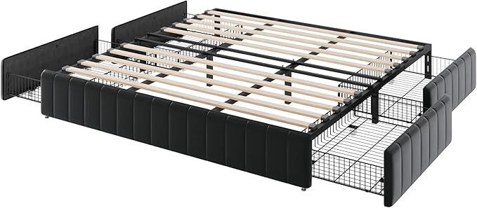 Allewie King Size Platform Bed Frame with 4 Large Storage Drawers, Velvet Vertical Channel Tufted Upholstered Bed Base, Wooden Slats Support, Noise-Free, No Box Spring Needed, Easy Assembly, Black