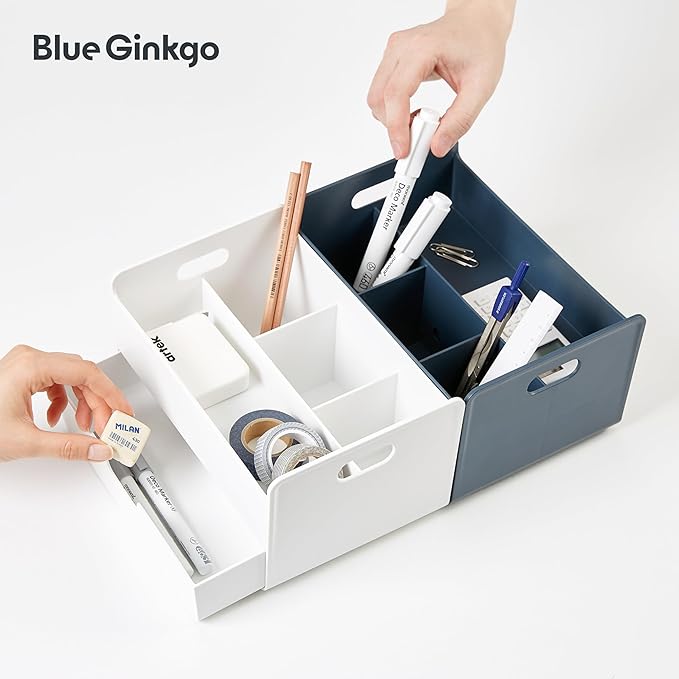 BLUE GINKGO Portable Desk Organizer – Compact 3 Compartment, Half-drawer Storage – Pen Holder, Stationery Desktop Organizer for Office, Makeup, Crafts (Made in Korea, White)